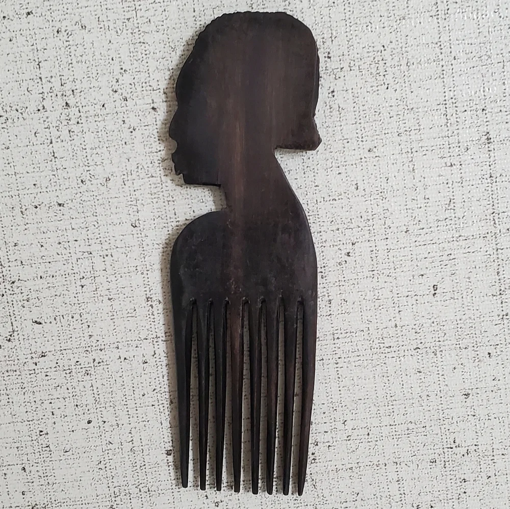 African Ebony Wood Hair Pick, Hand Carved, Vintage, 7